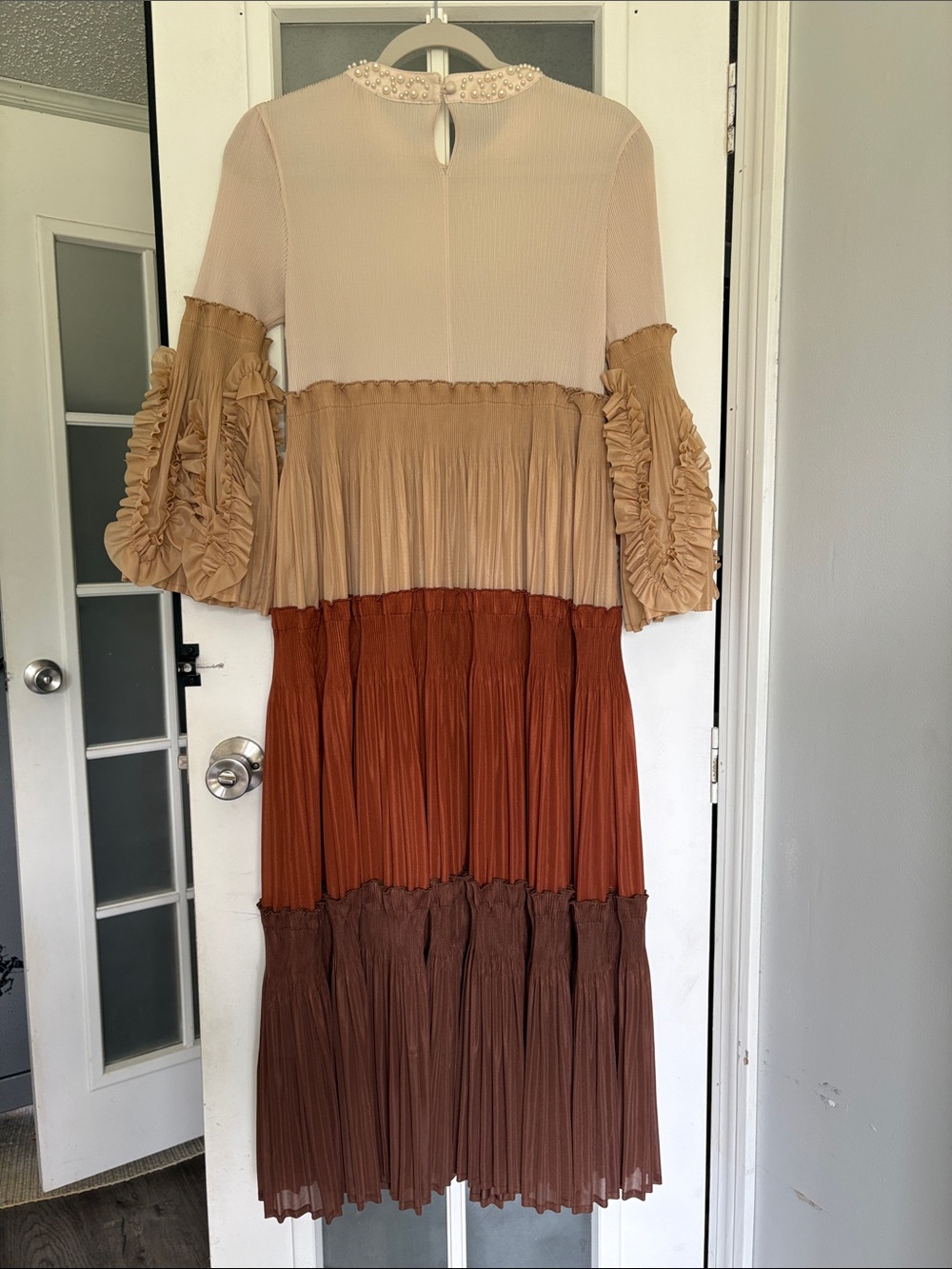 Dress Like An Angel Cream, Beige, Rust & Brown Tiered Pleated Maxi Dress - Picture 6 of 8